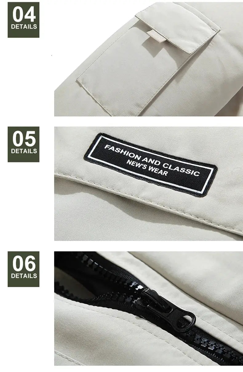 Beige men's mid-length down parka with zip closure and cargo pocket flap, featuring a FASHION AND CLASSIC NEW'S WEAR patch.