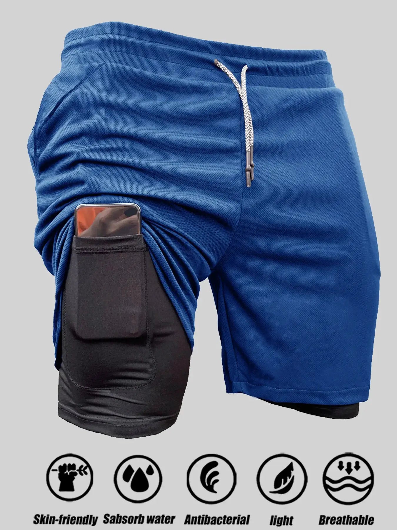 Men's blue double-layer sport shorts with zip side pocket and quick-dry fabric