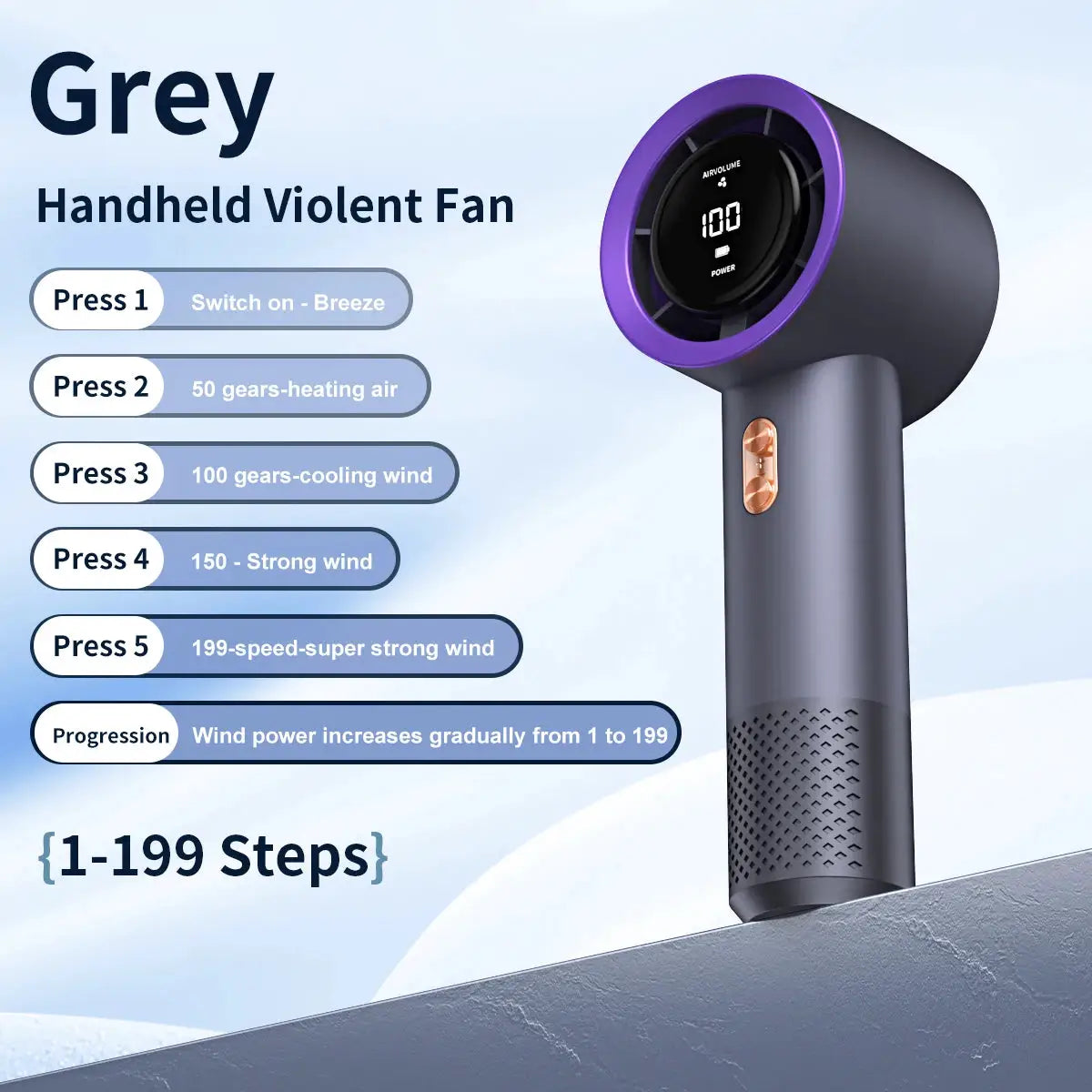 Handheld high-speed fan in grey with a purple ring and a digital display on the head; compact portable design