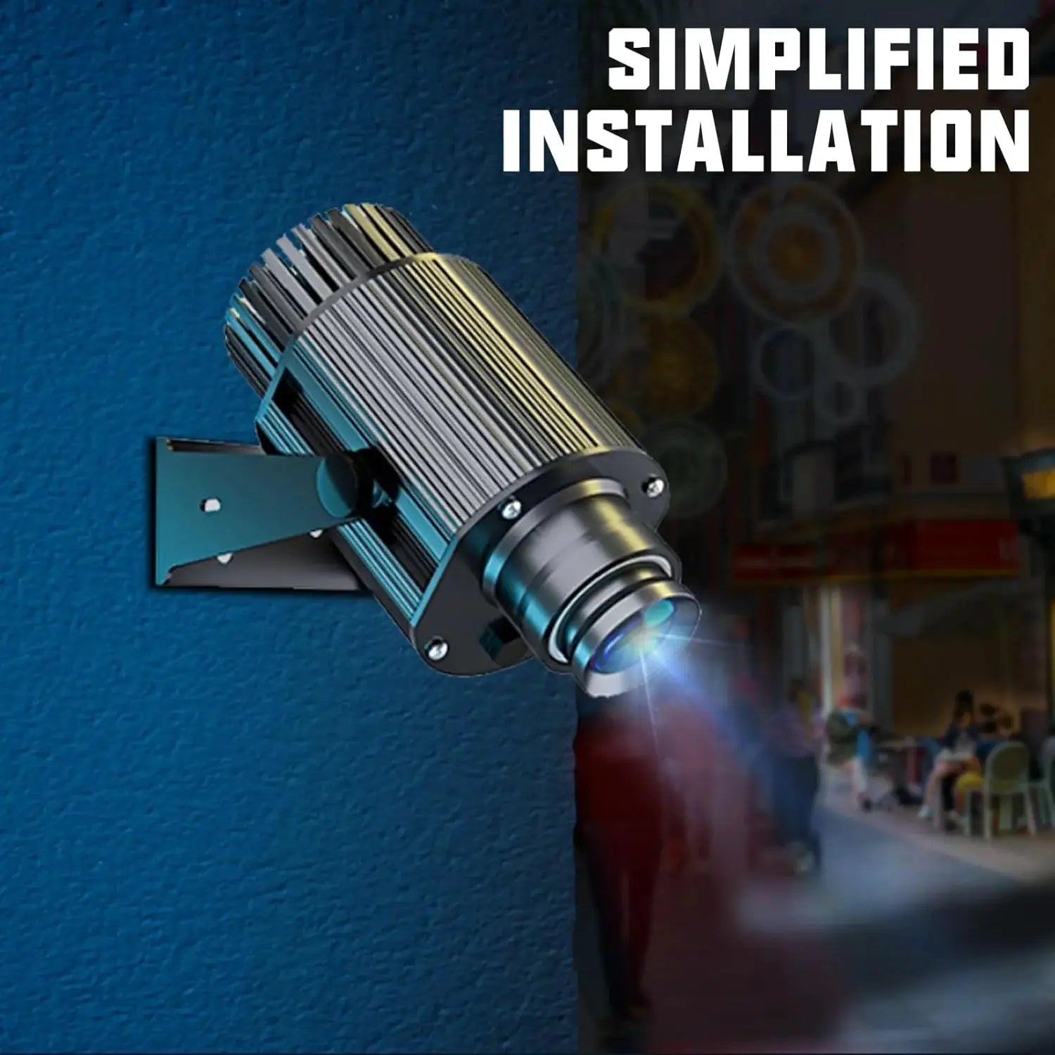 Custom Gobo Projector Light by Simples Market; outdoor LED rotating logo spotlight mounted on wall for shop entrance.