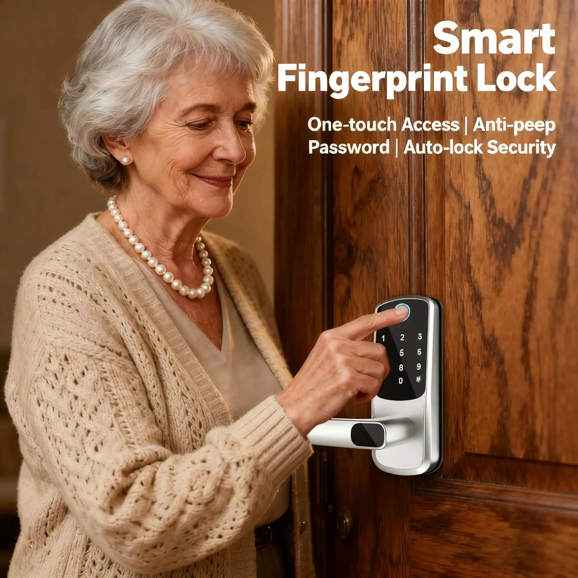 WiFi smart door lock with biometric fingerprint and keypad on a wooden door