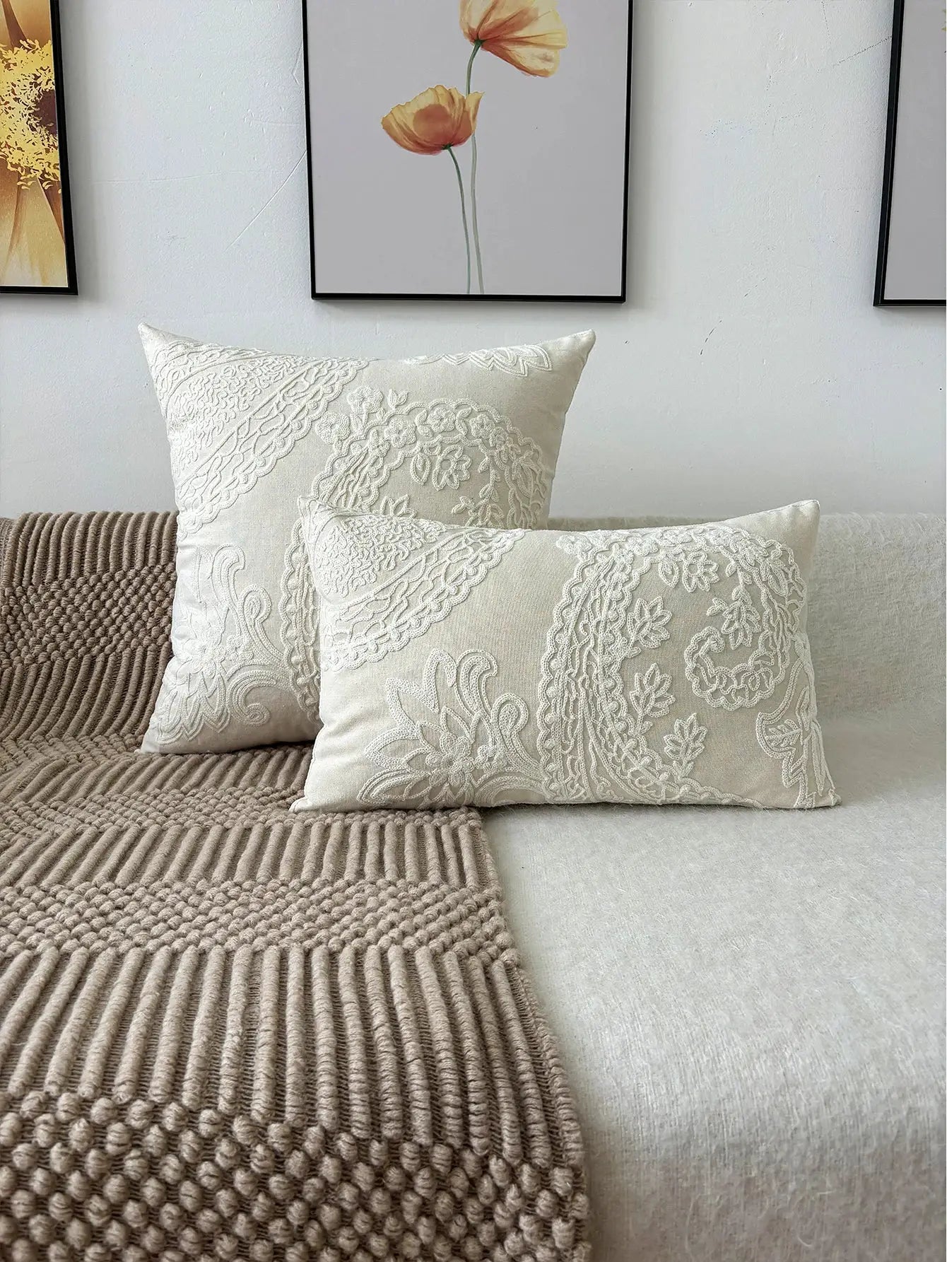 Embroidered throw pillow without insert, cream with white floral lace embroidery, decorative living room cushion