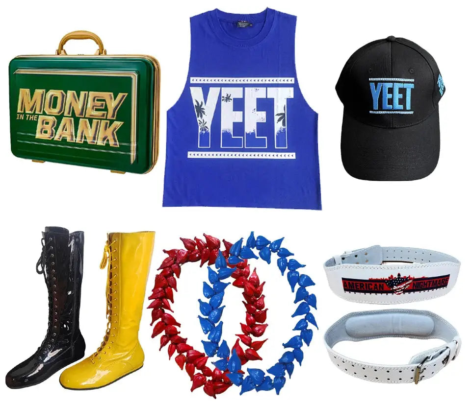 9-piece apparel set: blue YEET tank top, YEET cap, green lunchbox, black/yellow boots, red and blue leis, white belt.