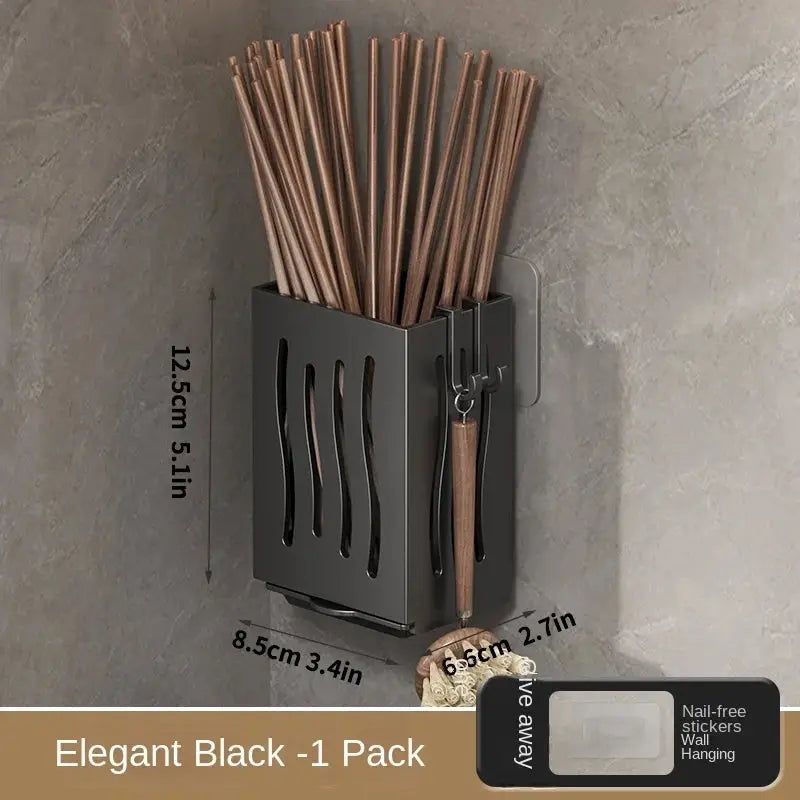 Chopsticks storage box, Simples Market, elegant black wall-mounted with drainage basket holds wooden chopsticks.