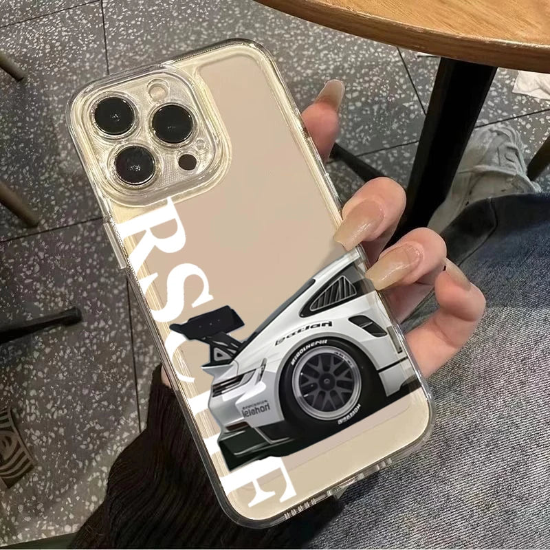 Transparent cool sports car phone case for iPhone with white race car graphic