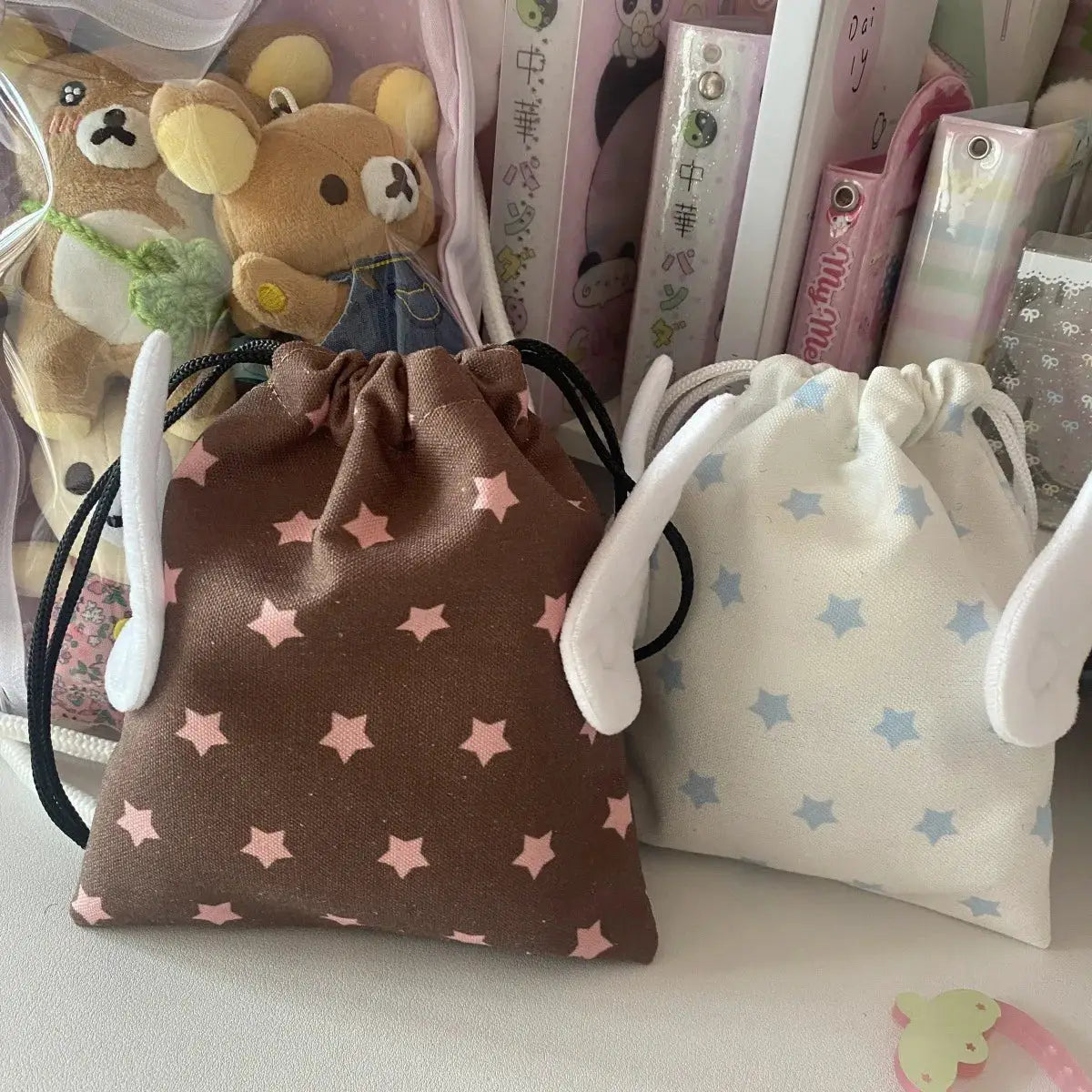 Star Pattern Drawstring Canvas Bag With Rope Closure Portable Dustproof Storage For Cosmetics And Stationery