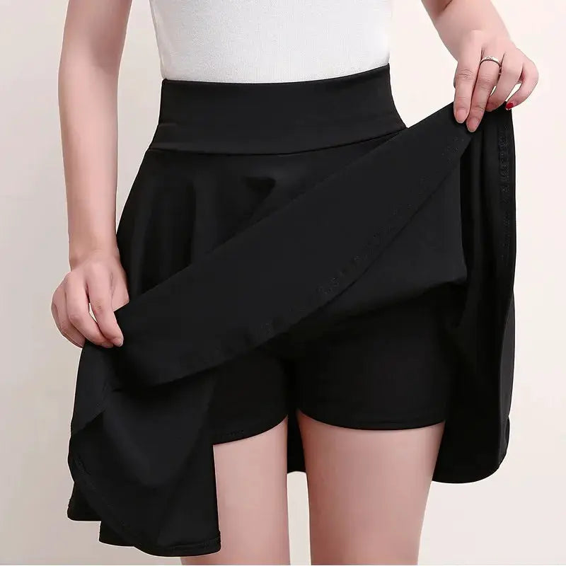 Simples Market black flared skirt shorts with draped overlay for women