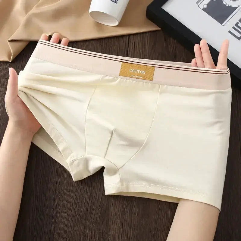 Men's cotton boxer shorts by Simples Market, cream color with pink waistband, breathable