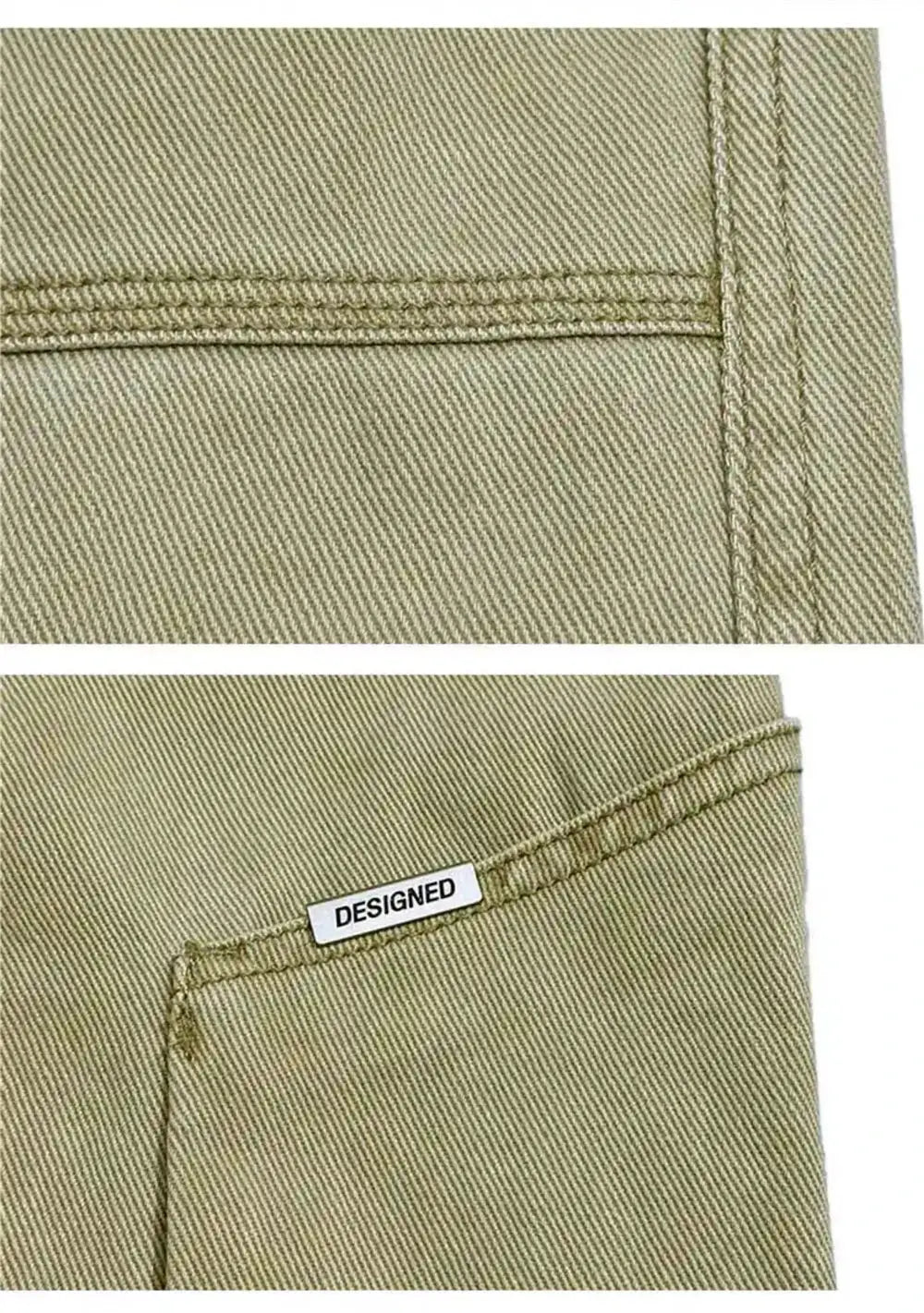 Khaki cargo pants with baggy, casual Harajuku streetwear style; features a small DESIGNED label on the pocket.