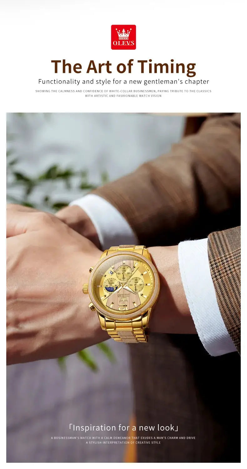 OLEVS men's gold-tone wristwatch with metal bracelet and chronograph subdials on a man's wrist