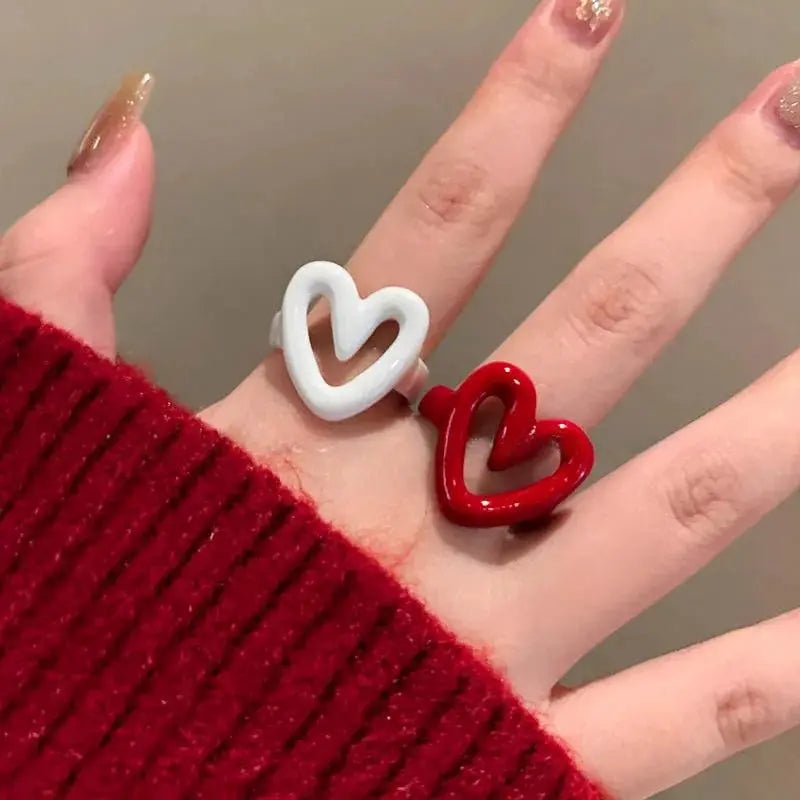 LATS White Red Enamel Heart Ring For Women And Girls Geometric Dripping Oil Y2K Opening Ring Jewelry Gift Wholesale