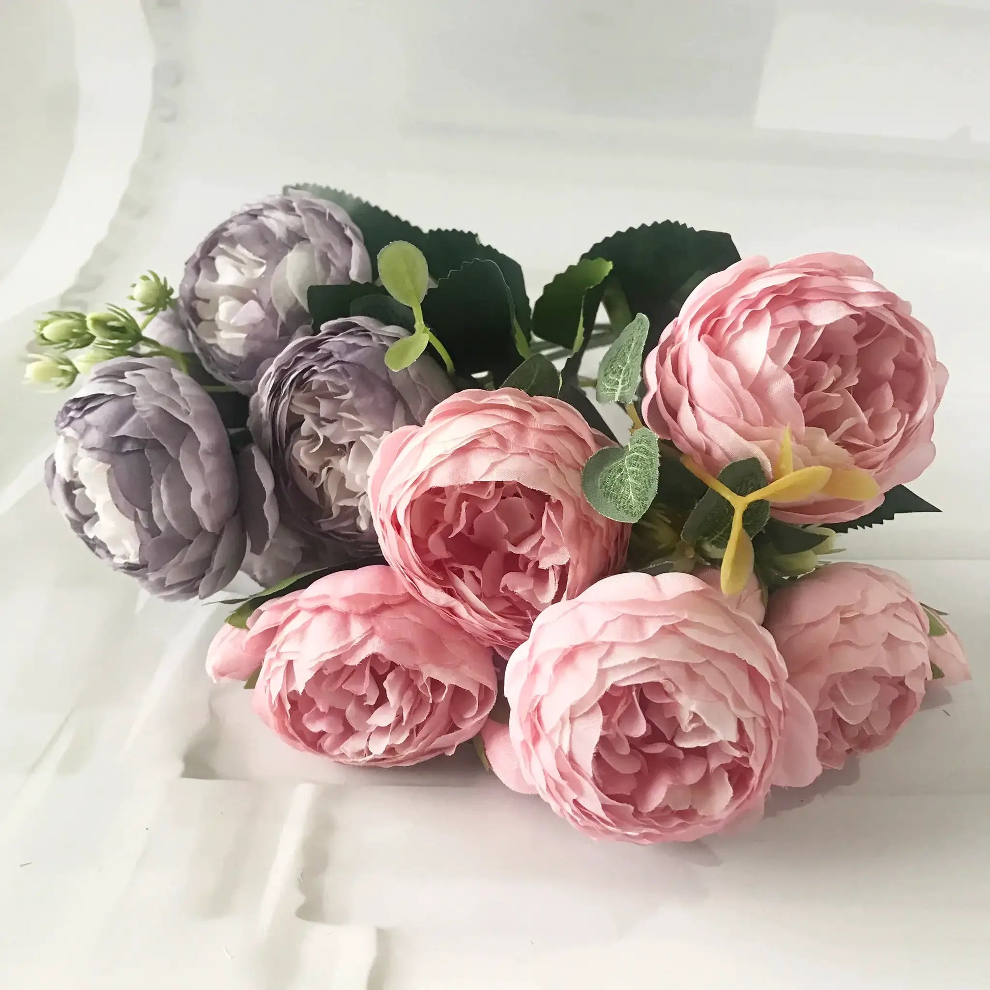 Silk peony bouquet, pink and lavender blooms, 30cm with 5 large heads and 4 buds