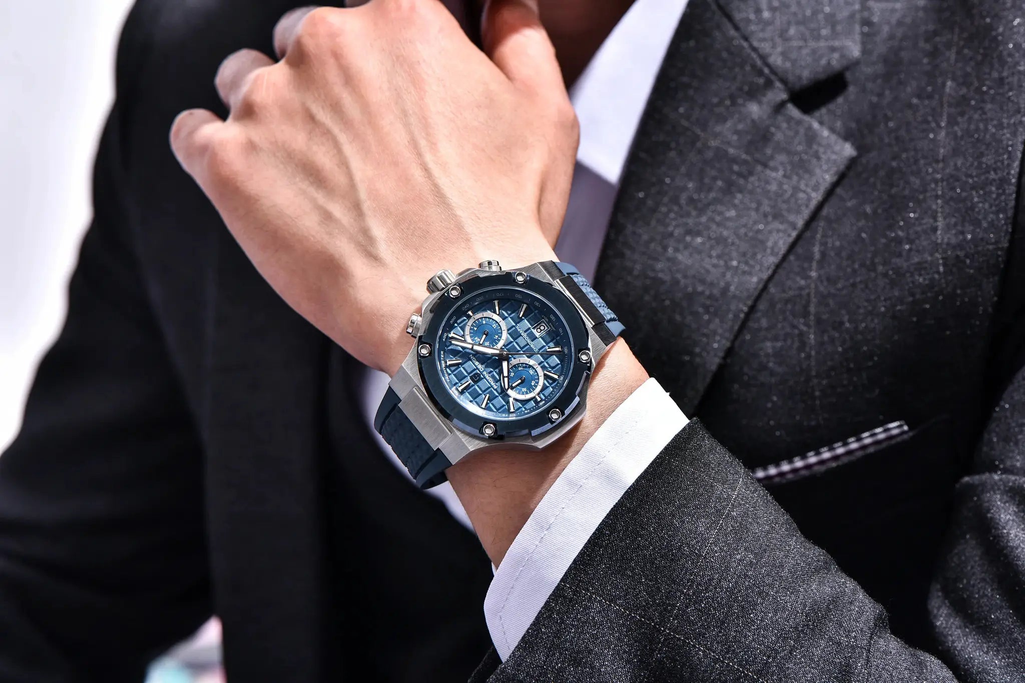 Pagani Design men's blue chronograph watch with stainless steel case and blue fluororubber strap