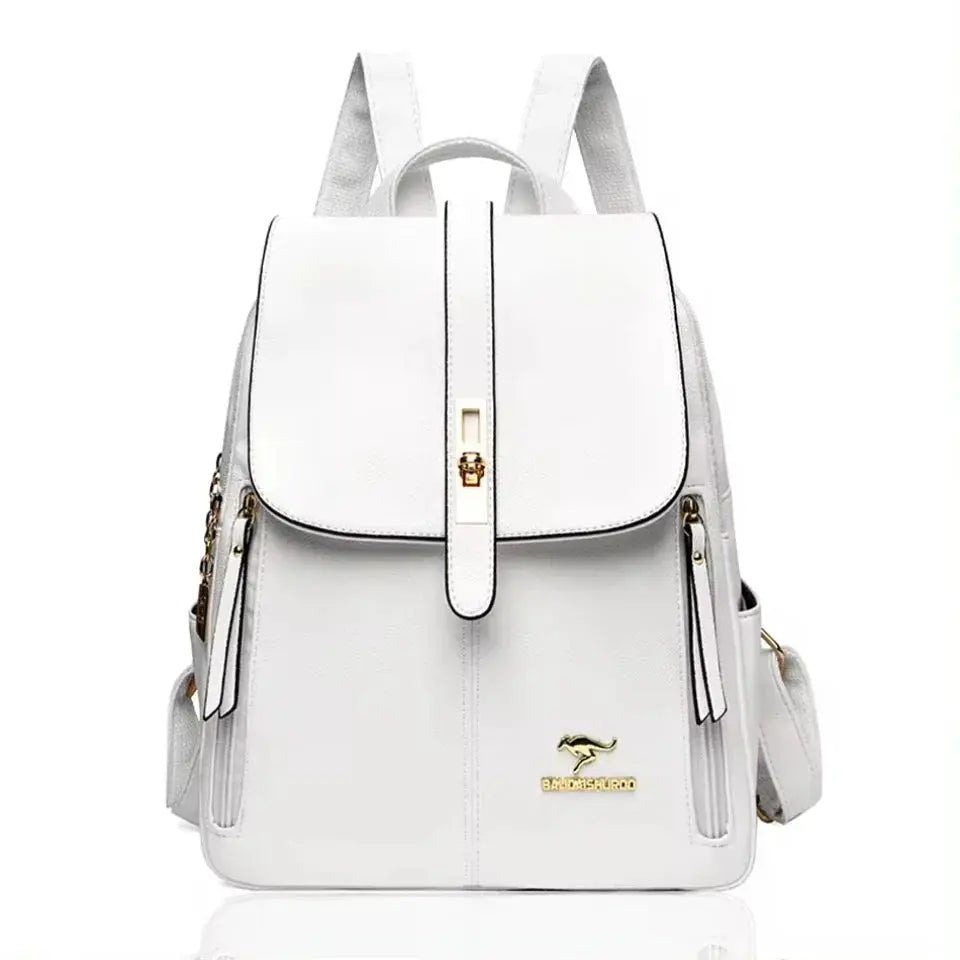 White leather women's backpack with black trim, gold hardware, top handle, and side pockets