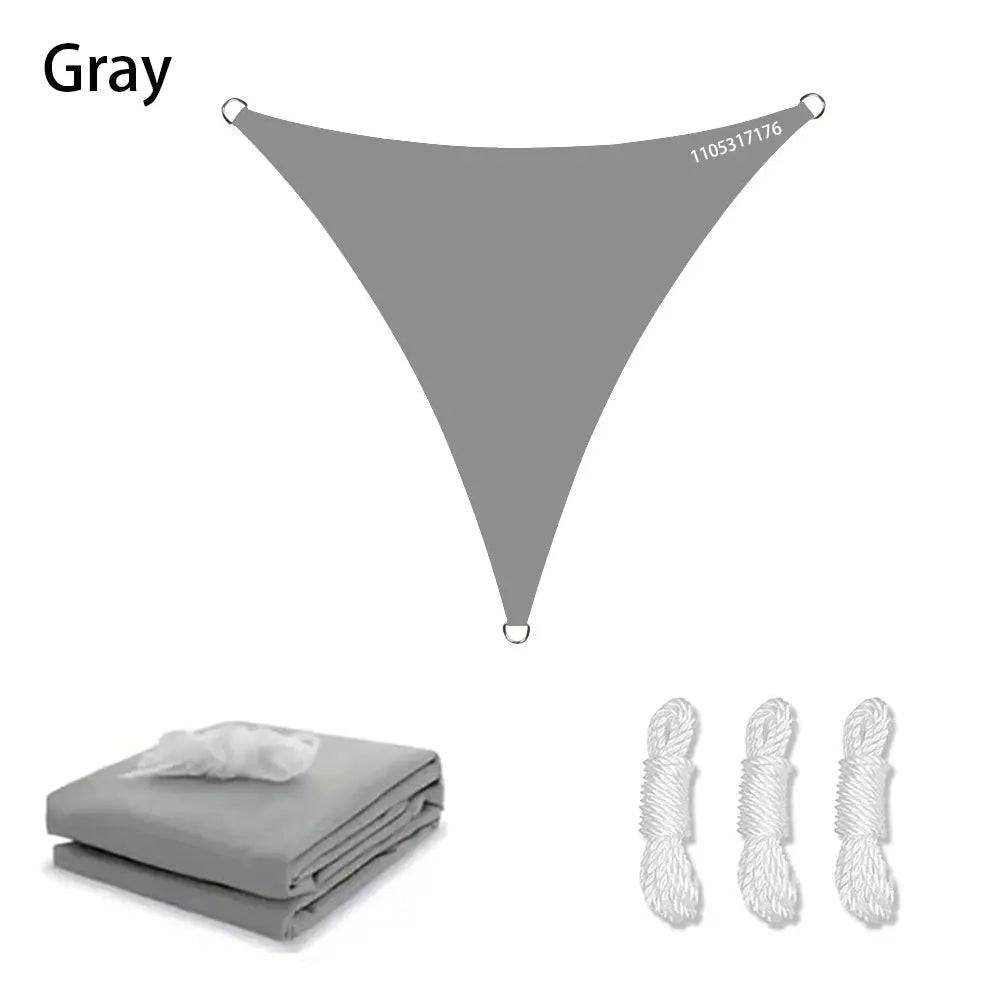 Gray triangle sun shade sail with 3 ropes and folded installation kit
