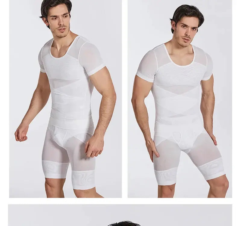 Mens white mesh short-sleeve body shaper undershirt with belly control, Simples Market; front and back views