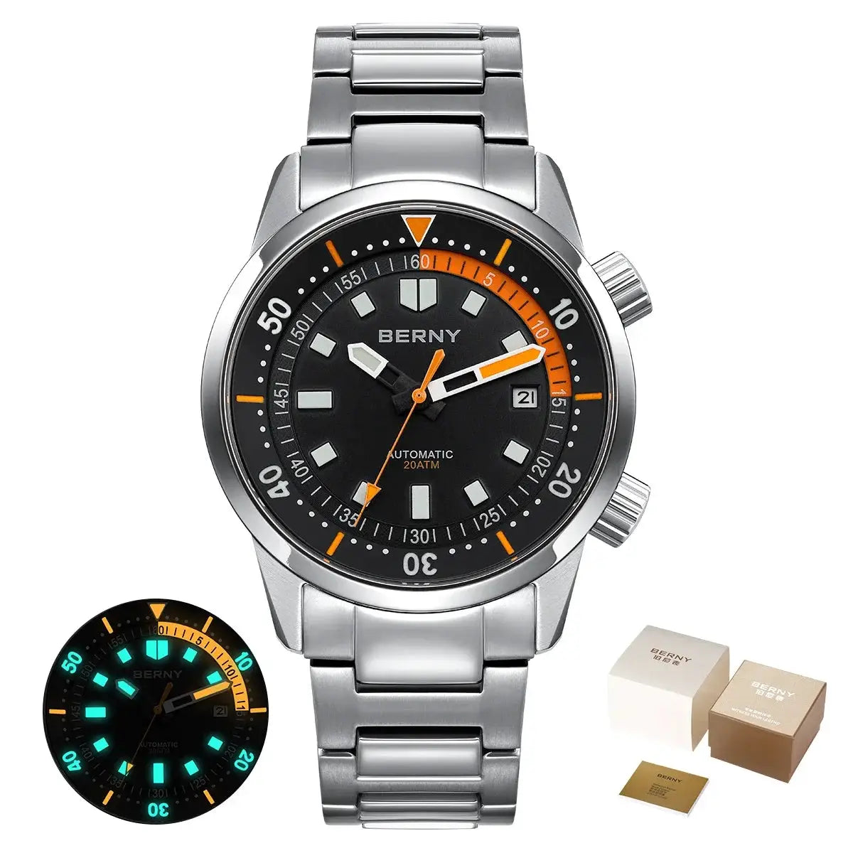 BERNY men's stainless steel dive watch, black dial with orange accents, 42mm, 200M water resistant, luminous display