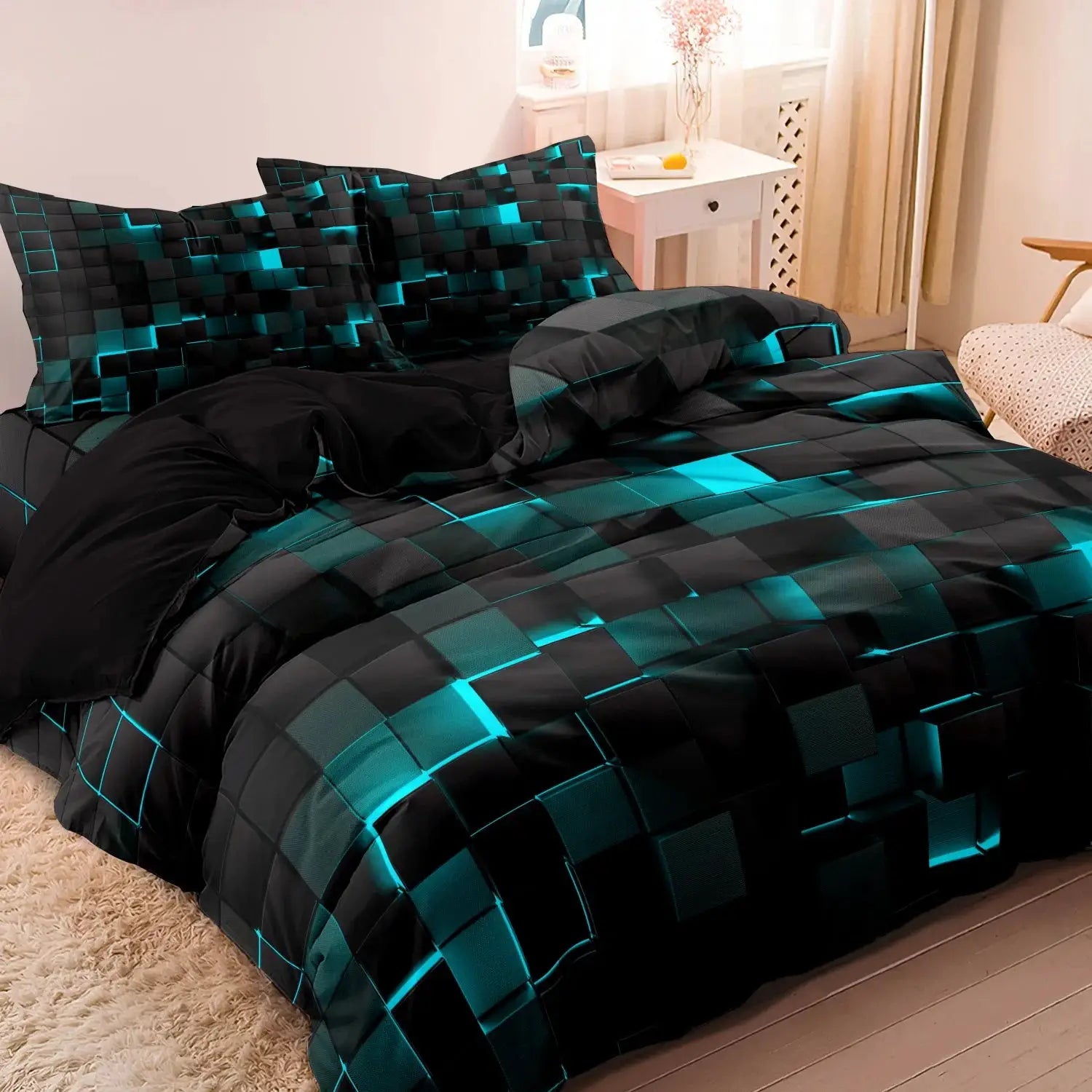 Simples Market 3-piece duvet cover bedding set in black teal geometric grid plaid; includes duvet cover and 2 pillowcases