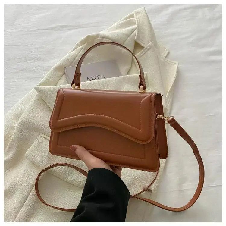 Simples Market brown PU leather handbag with top handle and detachable shoulder strap