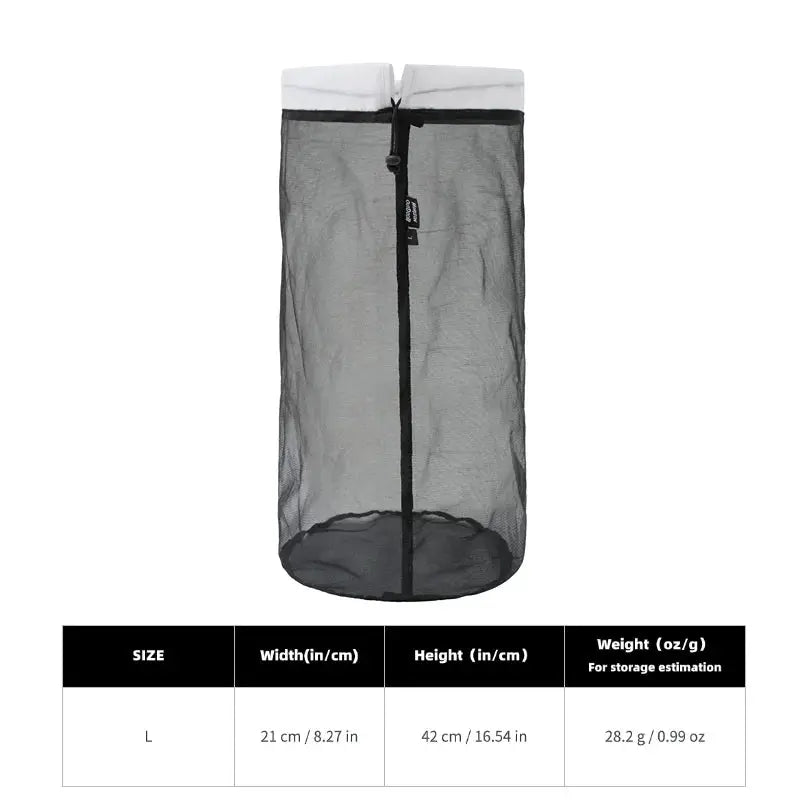 HODR mesh stuff sack by Simples Market, gray lightweight mesh storage bag with white top and drawstring closure