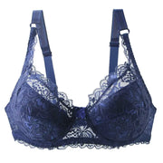 Lace navy blue push-up bra with adjustable straps and scalloped edges