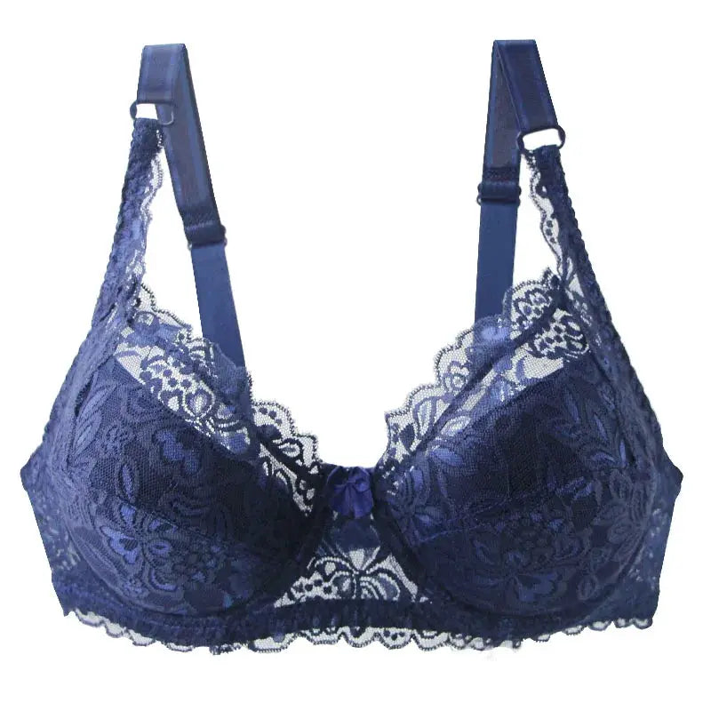Lace navy blue push-up bra with adjustable straps and scalloped edges