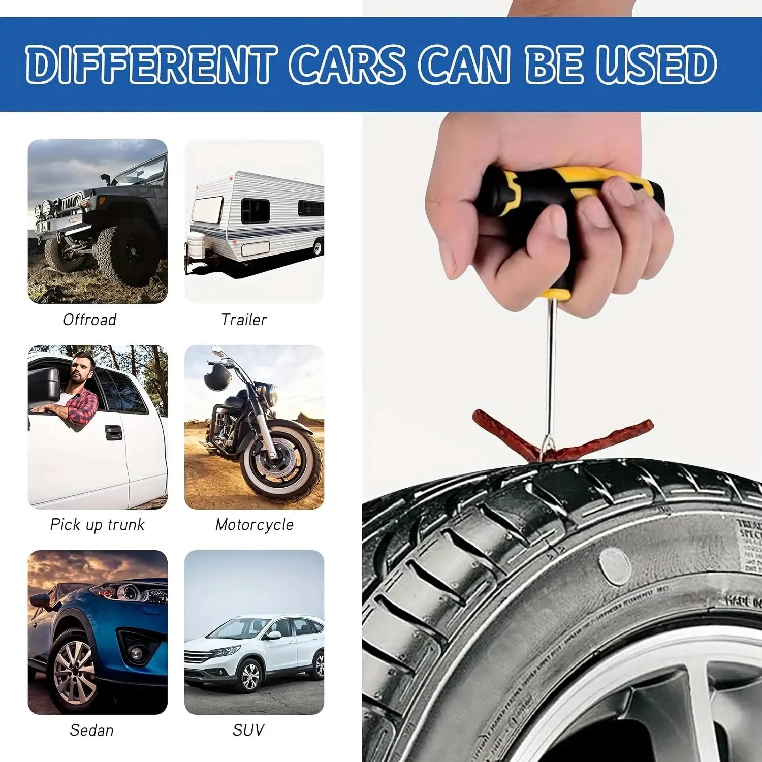 Ultimate Tire Repair Tool Kit with yellow-handled tire strips and plug tools for cars, motorcycles, trucks, and bikes