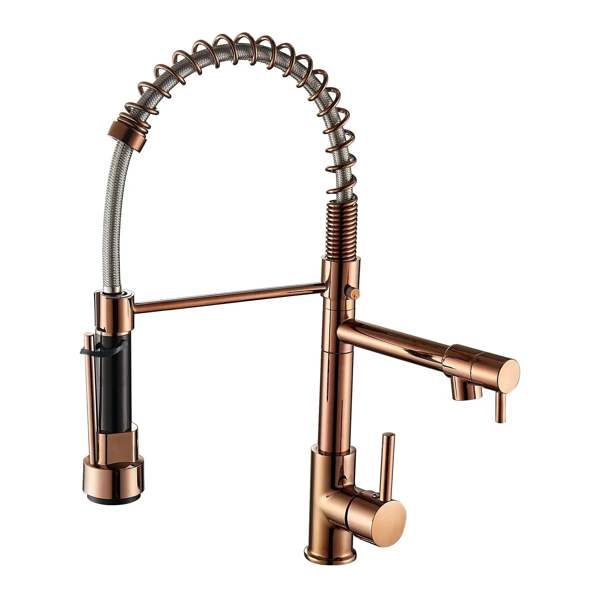 Kitchen faucet with pull-down sprayer, high-arc spring coil, braided steel hose, copper rose-gold finish.