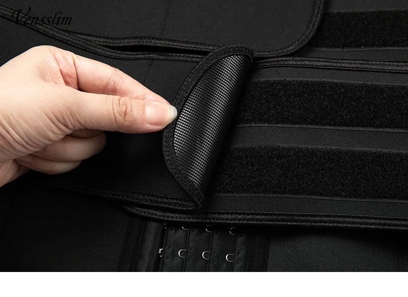 Vensslim waist trainer belt by Simples Market in black with Velcro strap and hook closures.