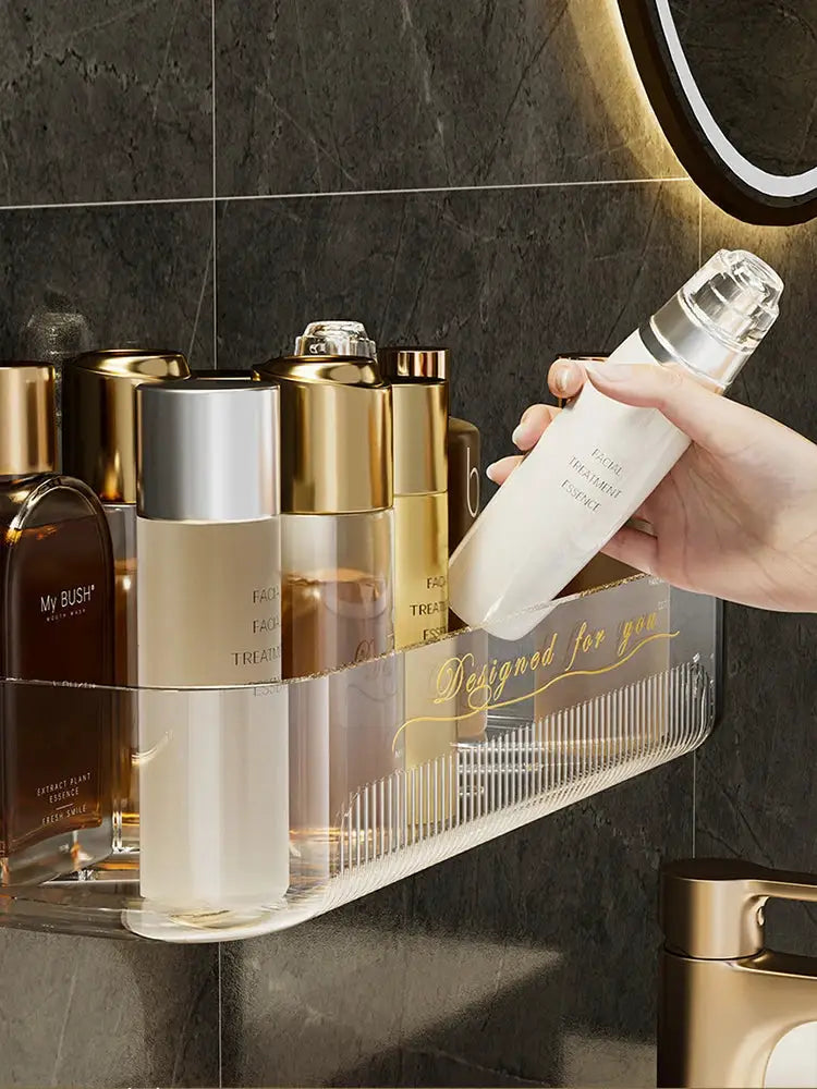Light luxury acrylic bathroom storage rack for cosmetics with gold-cap bottles