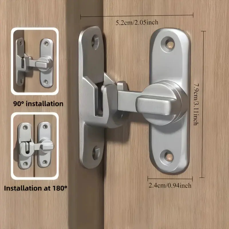Anti-Theft door lock with 90°/180° adjustable sliding pin, keyless entry; heavy-duty silver metal