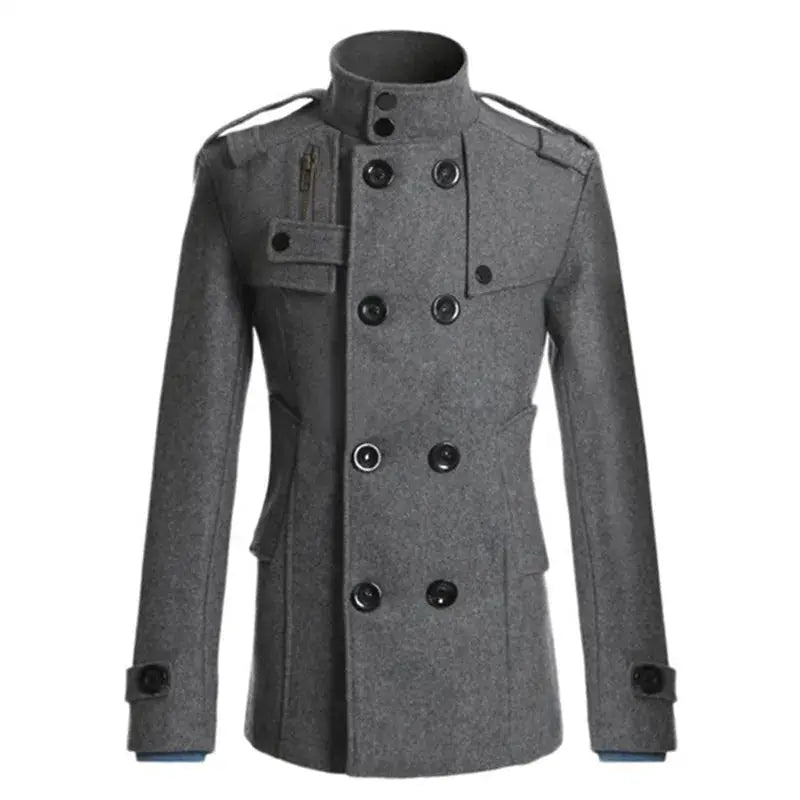 Men's gray wool overcoat with double-breasted front, high collar, epaulets and side pockets