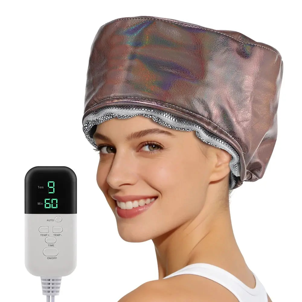 Simples Market electric hair heating cap, 10 levels, metallic-brown waterproof spa steamer hat with control unit