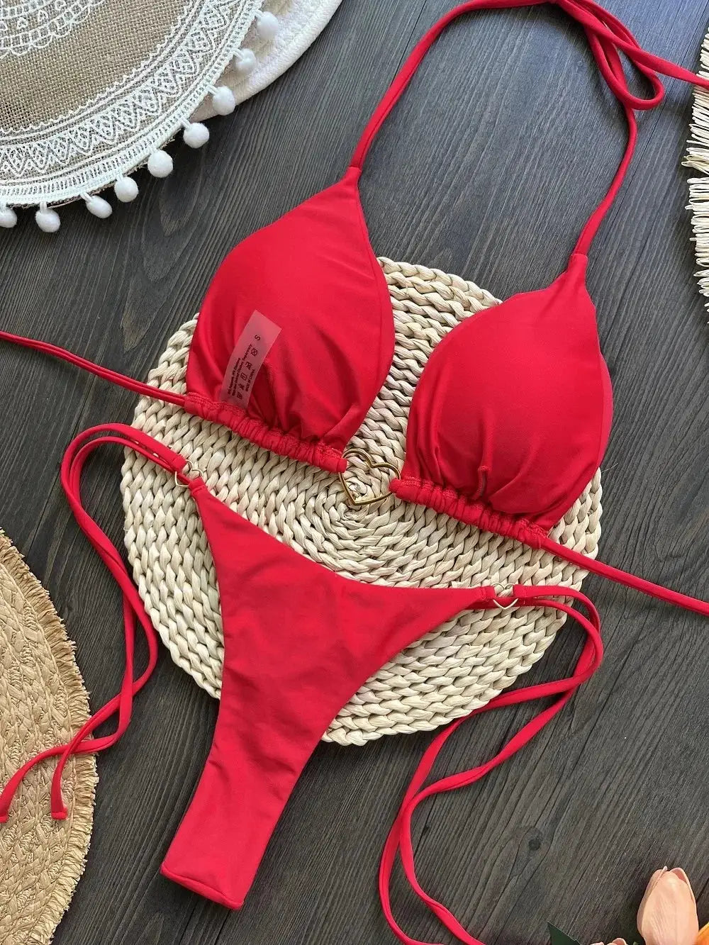 Sexy Halter Bikini Set Solid Color Low Waist Two Piece Swimsuit Triangle Top Thong Bottom Brazilian Biquinis