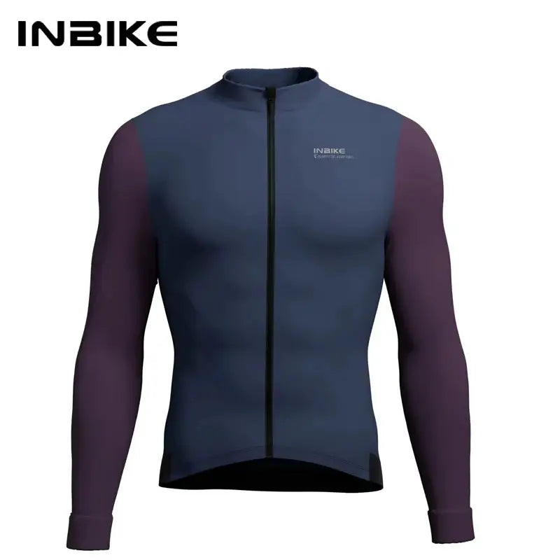 INBIKE men's long-sleeve cycling jersey with full-length zipper; navy body with purple sleeves and chest logo.