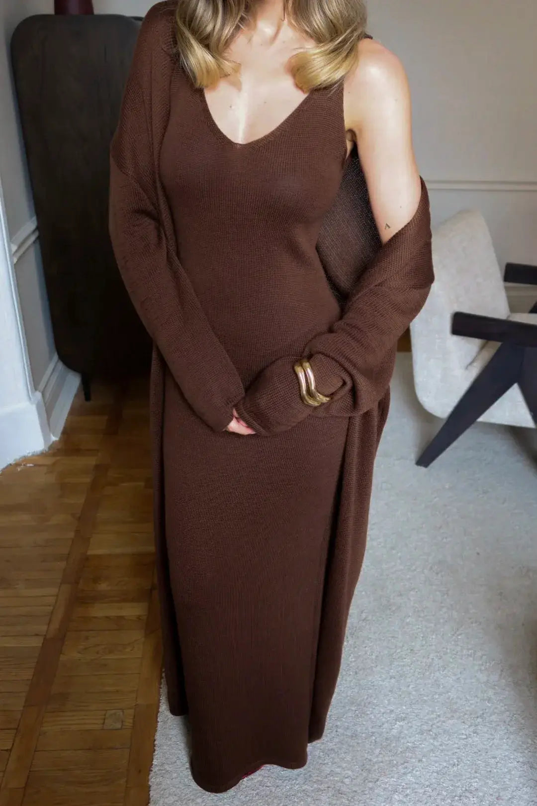 Three Piece Women Cardigan Vest Dress Set With Long Sleeve Outfit