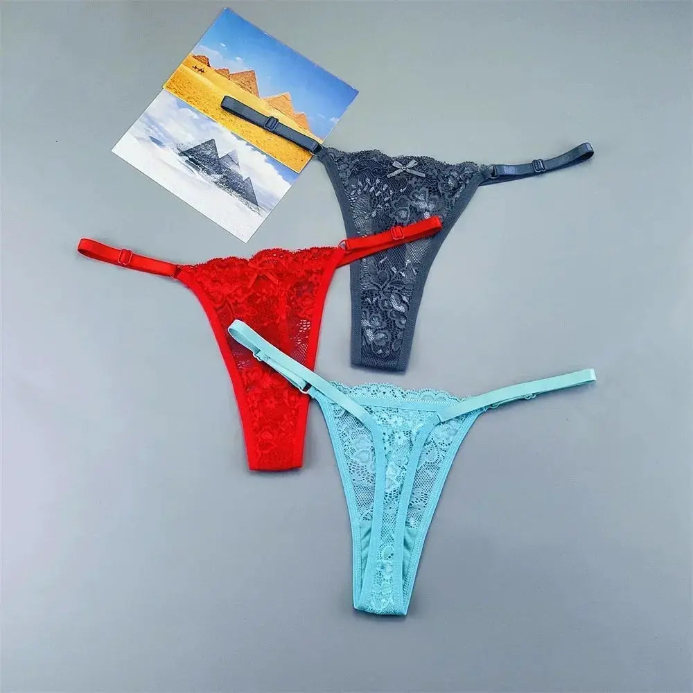 3-piece lace thong underwear set in red, gray, and sky blue with adjustable side straps