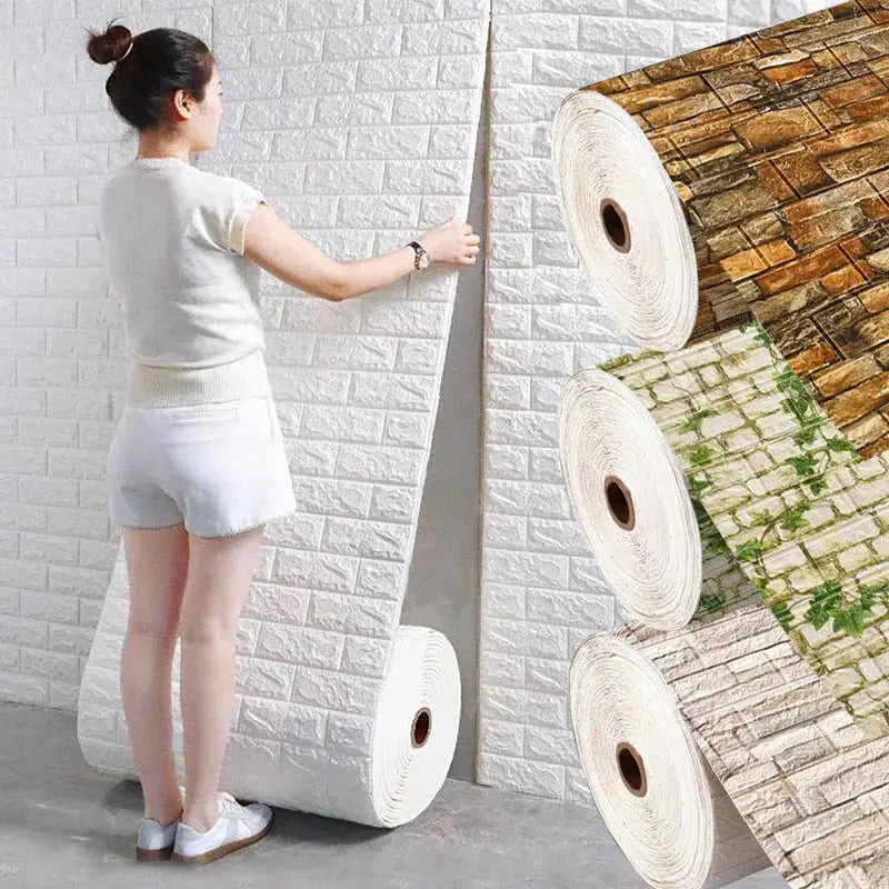 3D brick pattern wallpaper rolls; waterproof DIY wall panels for living room/bedroom/kitchen, 70cm x 1m, three rolls