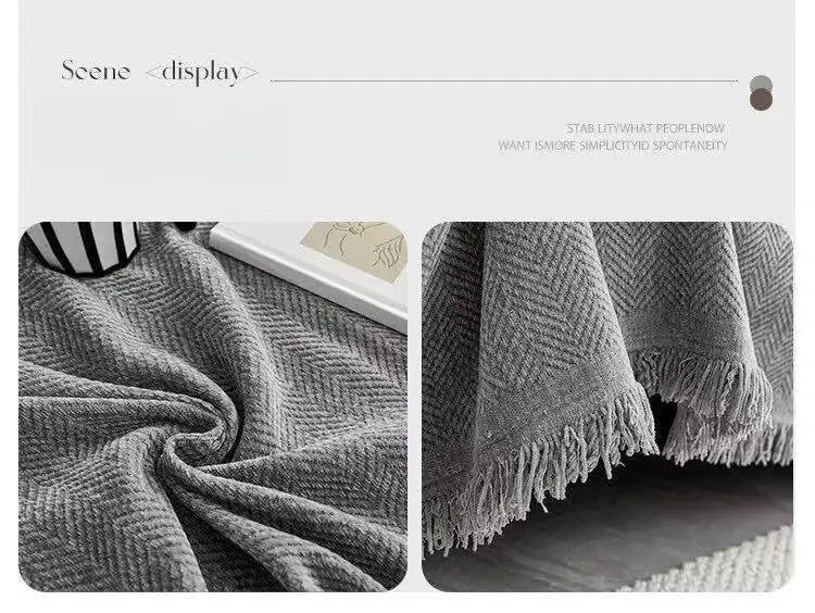 Minimalist Herribone style two-view chenille sofa towel with tassel-edge blanket in grey by Simples Market