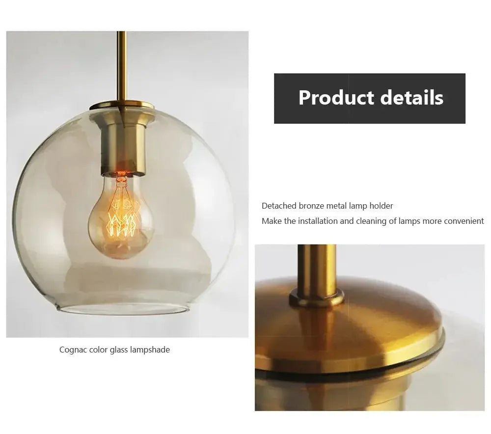 Nordic LED glass chandelier pendant light by Simples Market, cognac glass globe shade with brass hardware