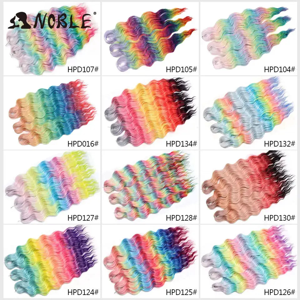 Noble Hair synthetic loose deep wave 24in braiding extensions; 12 color options in ombre rainbow shades.