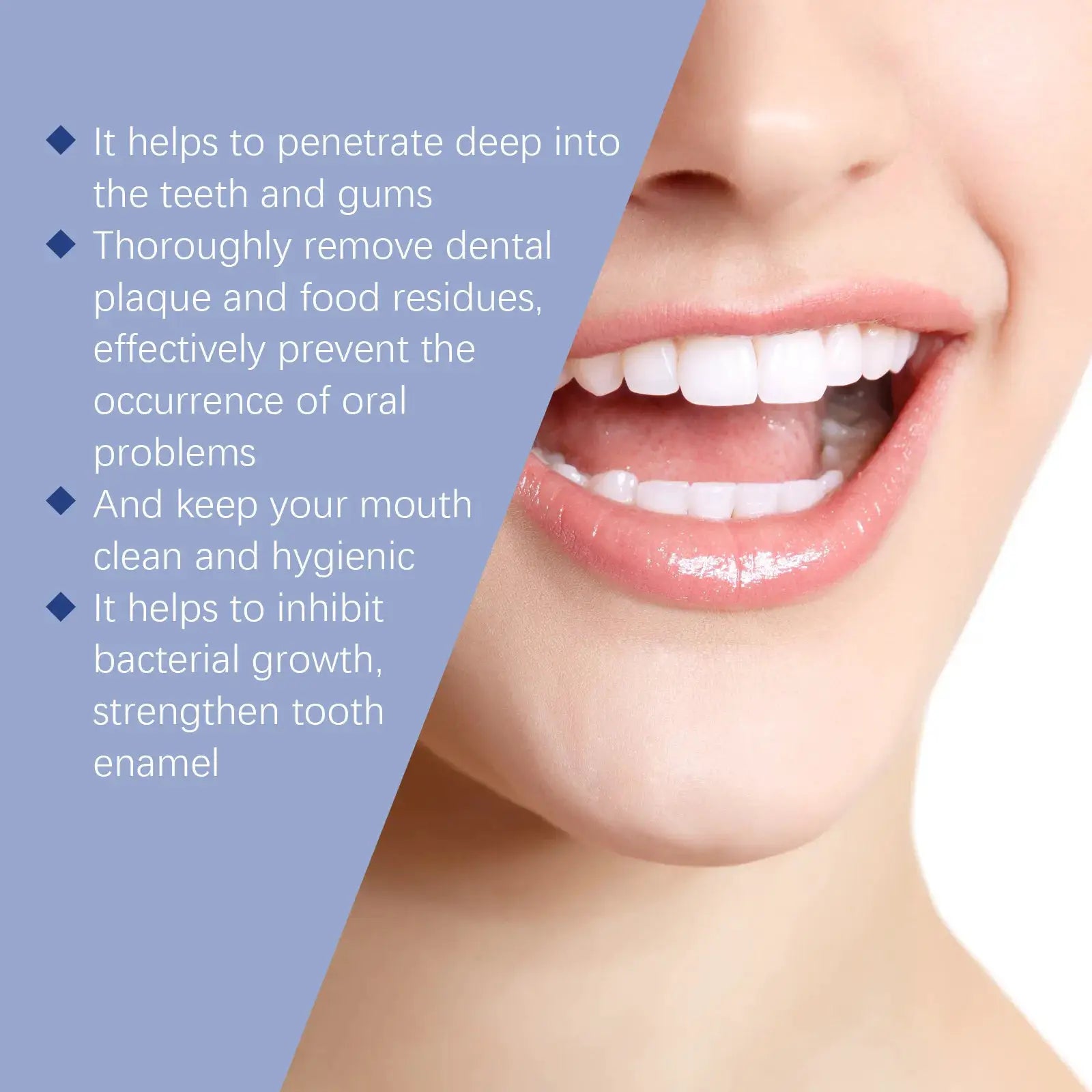 EELHOE White Teeth Powder by Simples Market; close-up of a bright smile with white teeth on a blue panel.