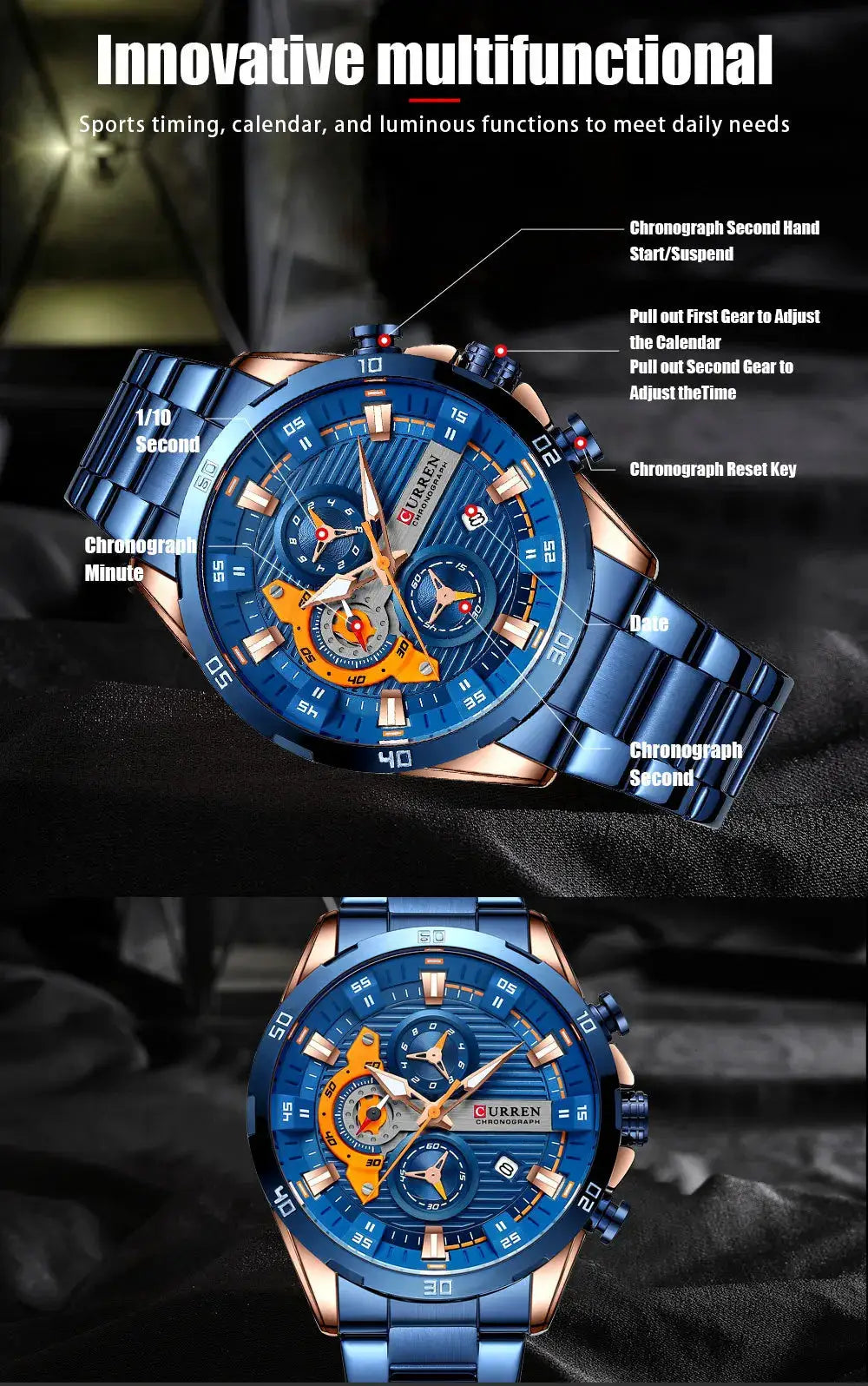Curren 8402 blue stainless steel chronograph wristwatch, two watches shown