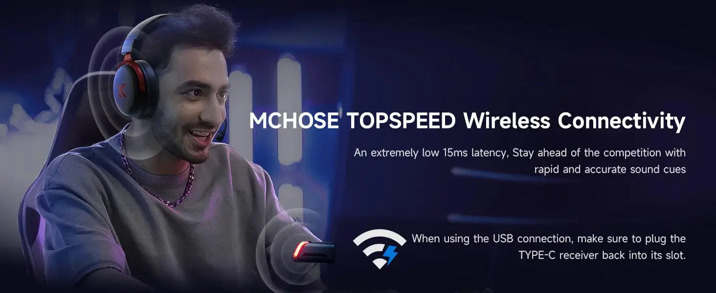 MCHOSE V9 Pro wireless gaming headset with red accents on the ear cups, worn by a gamer in a promo banner.