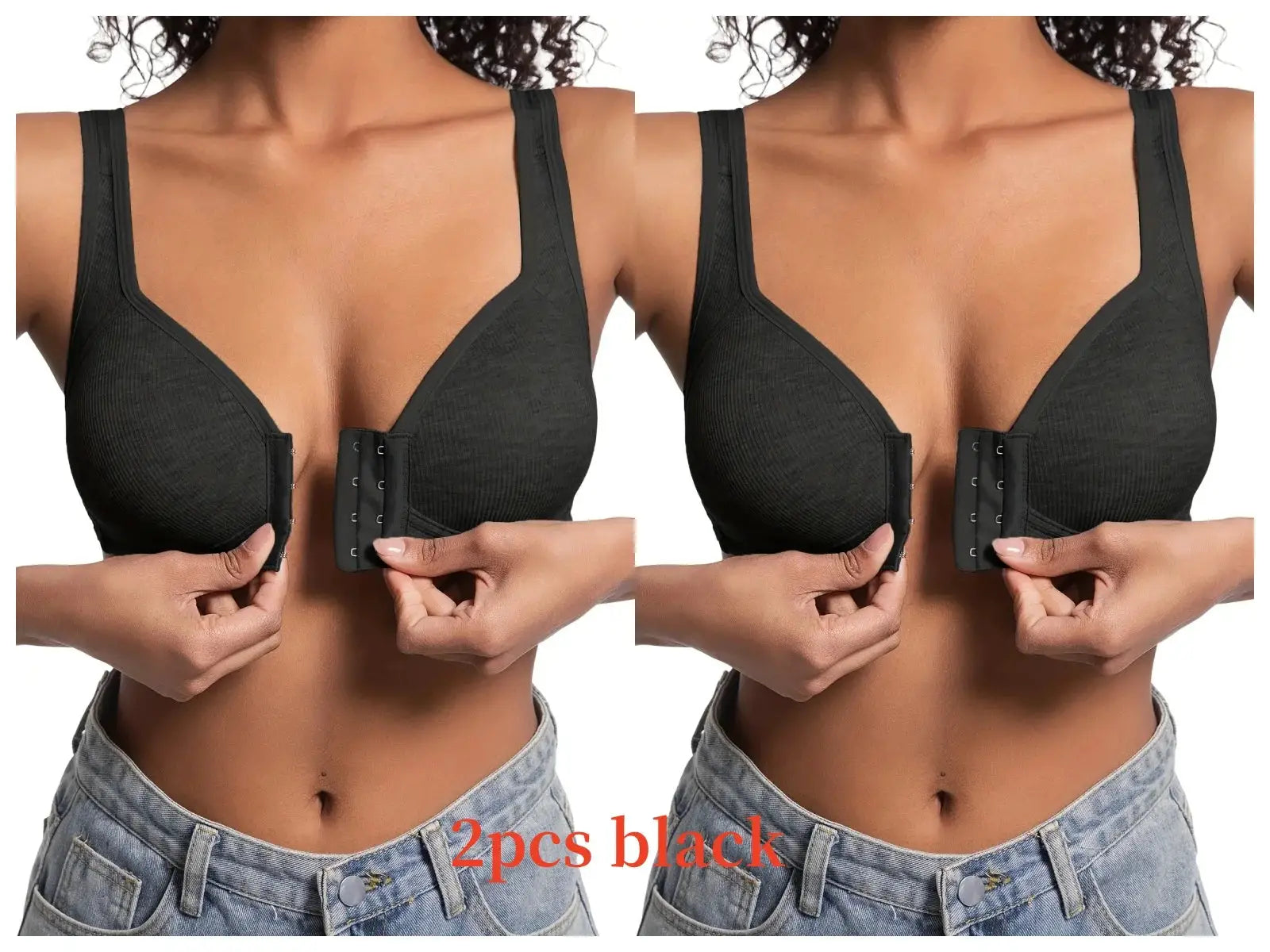 Women's wire-free front-closure bra in black with full-coverage cups, 2-pack