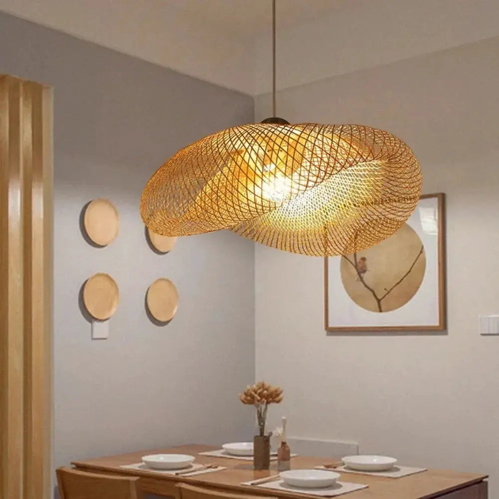 Bamboo woven LED pendant light, handmade vintage-style chandelier over dining table in living room