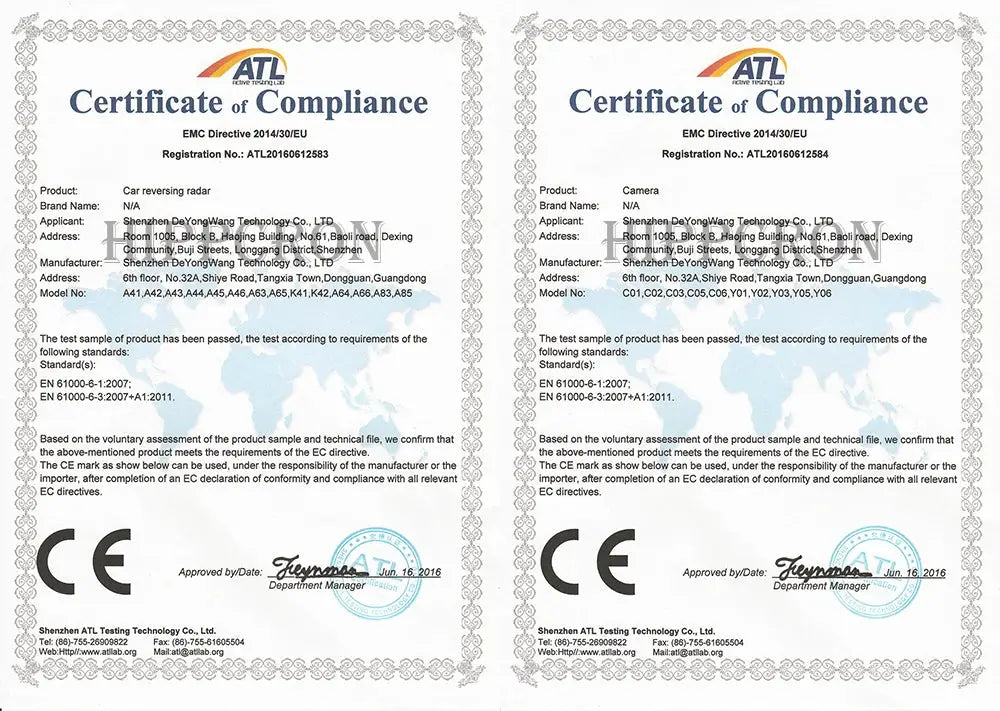 Pair of compliance certificates with ornate borders and ATL logos.