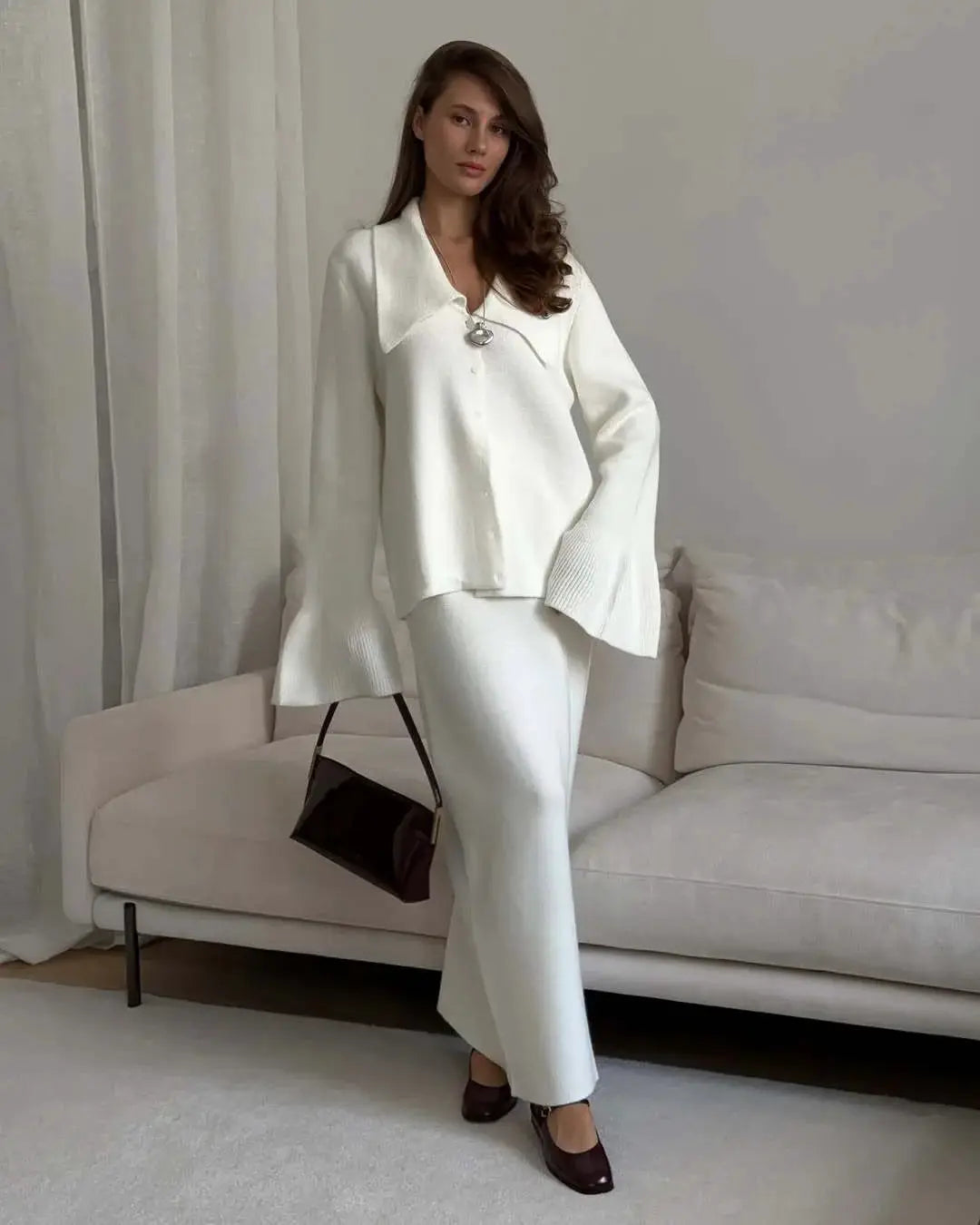 Hirsionsan Two Piece Set Women Polo Neck Cardigan And Midi Dress