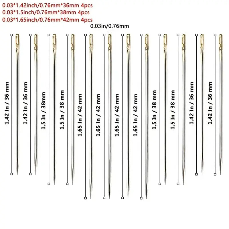 12pc stainless steel hand-sewing needles set with assorted lengths 36–42mm