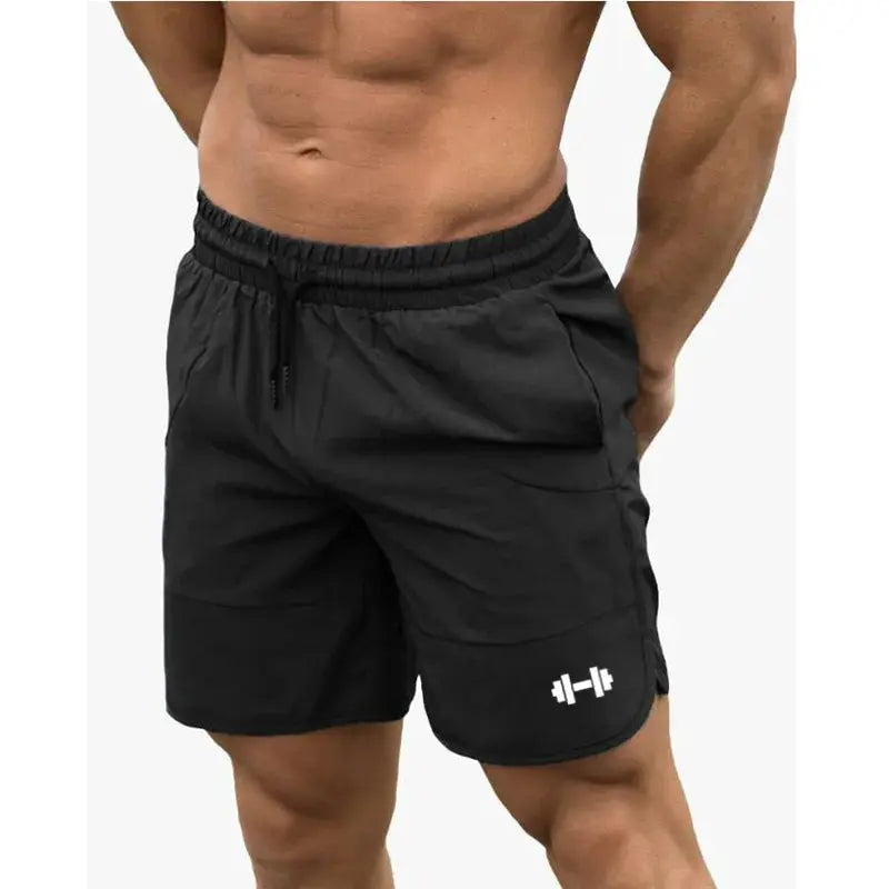 Men's black gym shorts with drawstring waist and side pockets; white dumbbell logo on leg.